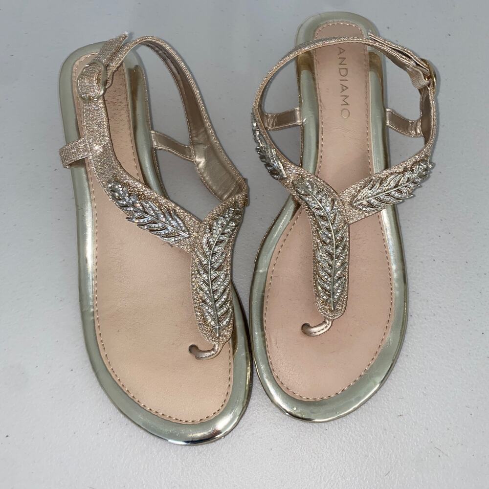 Andiamo Gold Leaf Rhinestone Sparkle Kitten Heeled Wedge Sandals Shoes 8.5 8 1/2